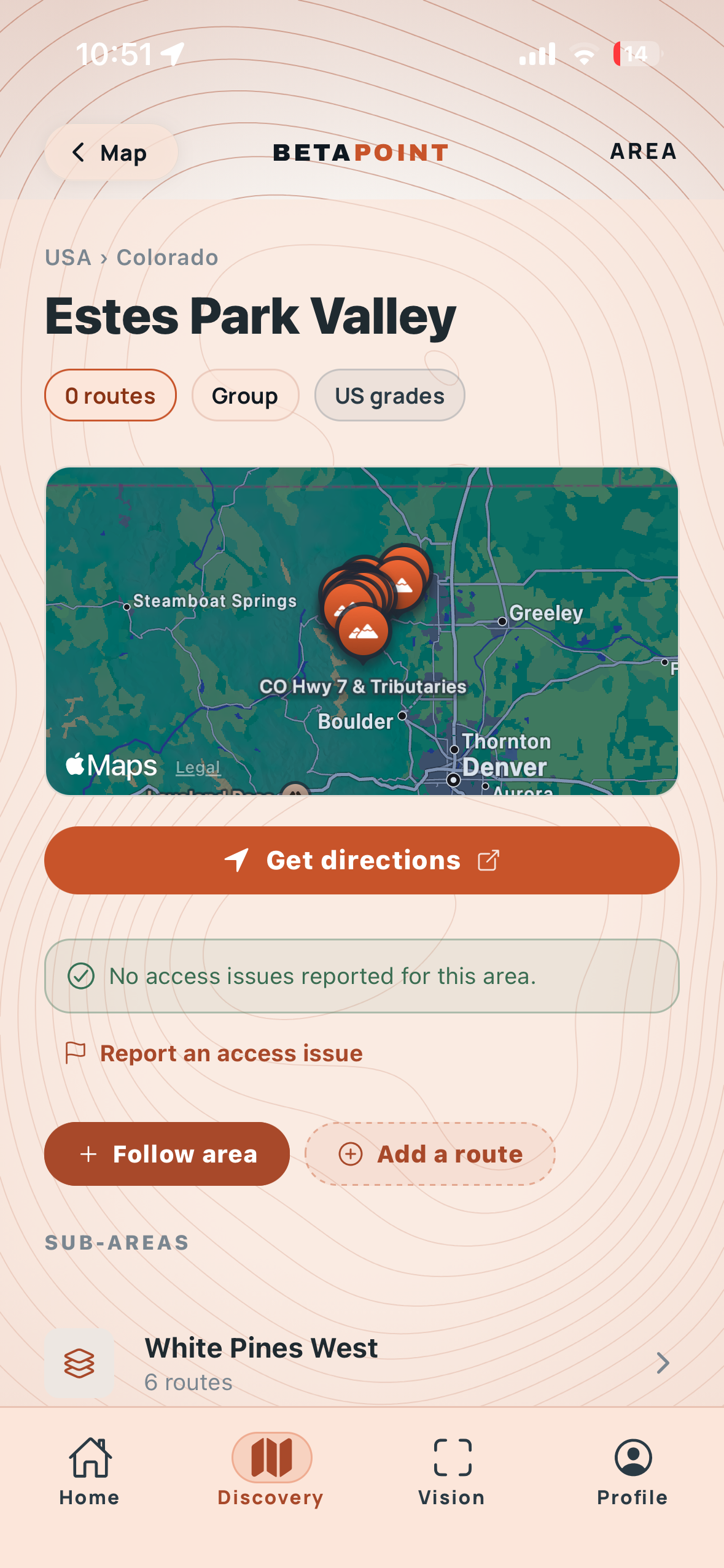 BetaPoint area page. Estes Park Valley with embedded map, formation pins, access status, and sub-areas with route counts