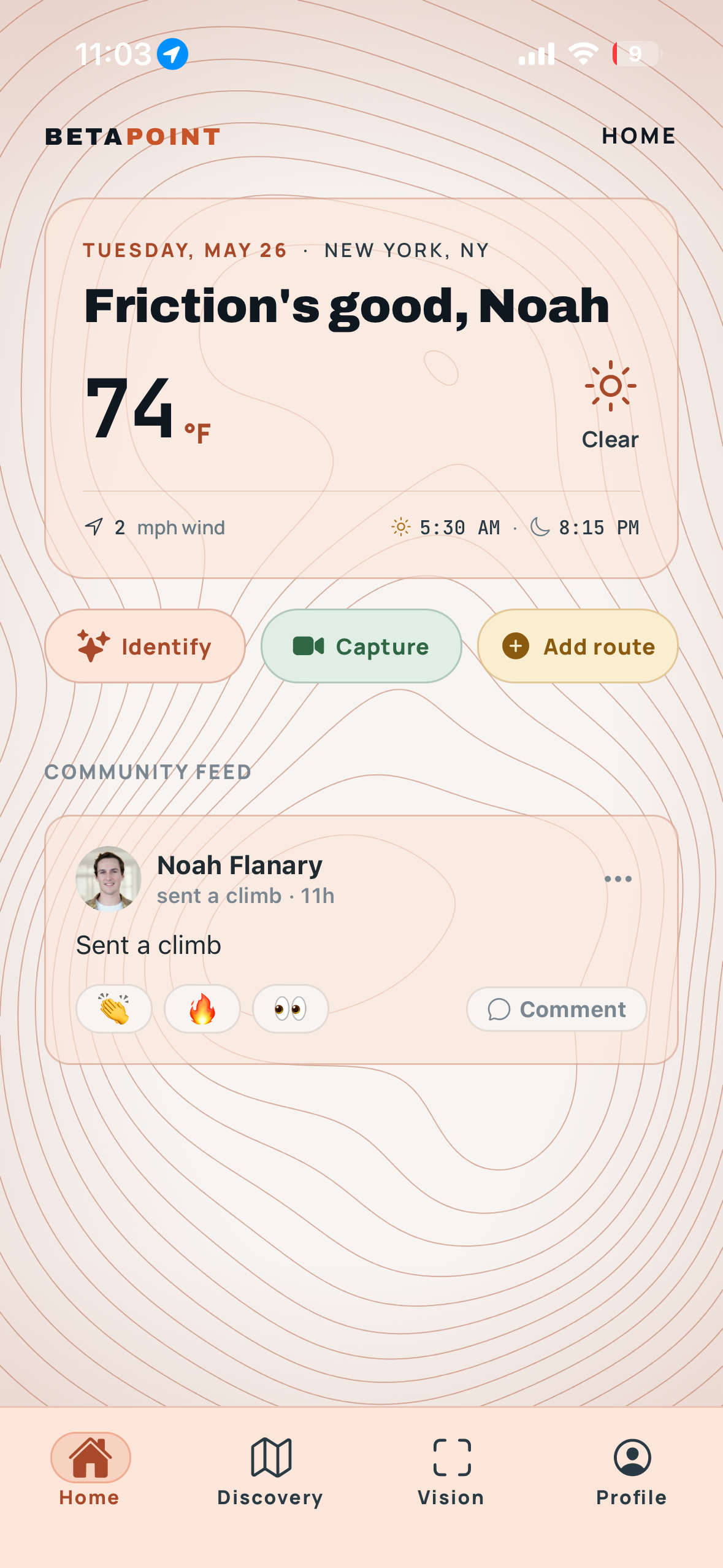 BetaPoint Home tab. Friction's good greeting, 74°F clear weather, Identify/Capture/Add route actions, community feed