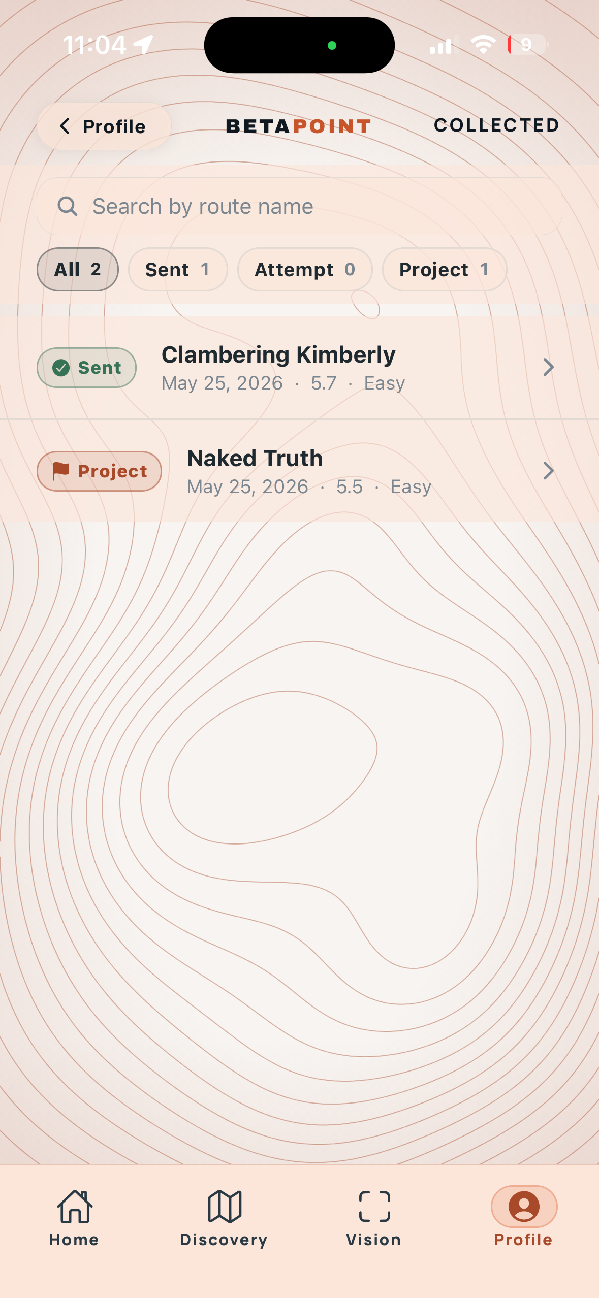 BetaPoint Profile tab. Noah Flanary profile, @noahflan, stat tiles for sent/projects/beta, Your Climbing menu