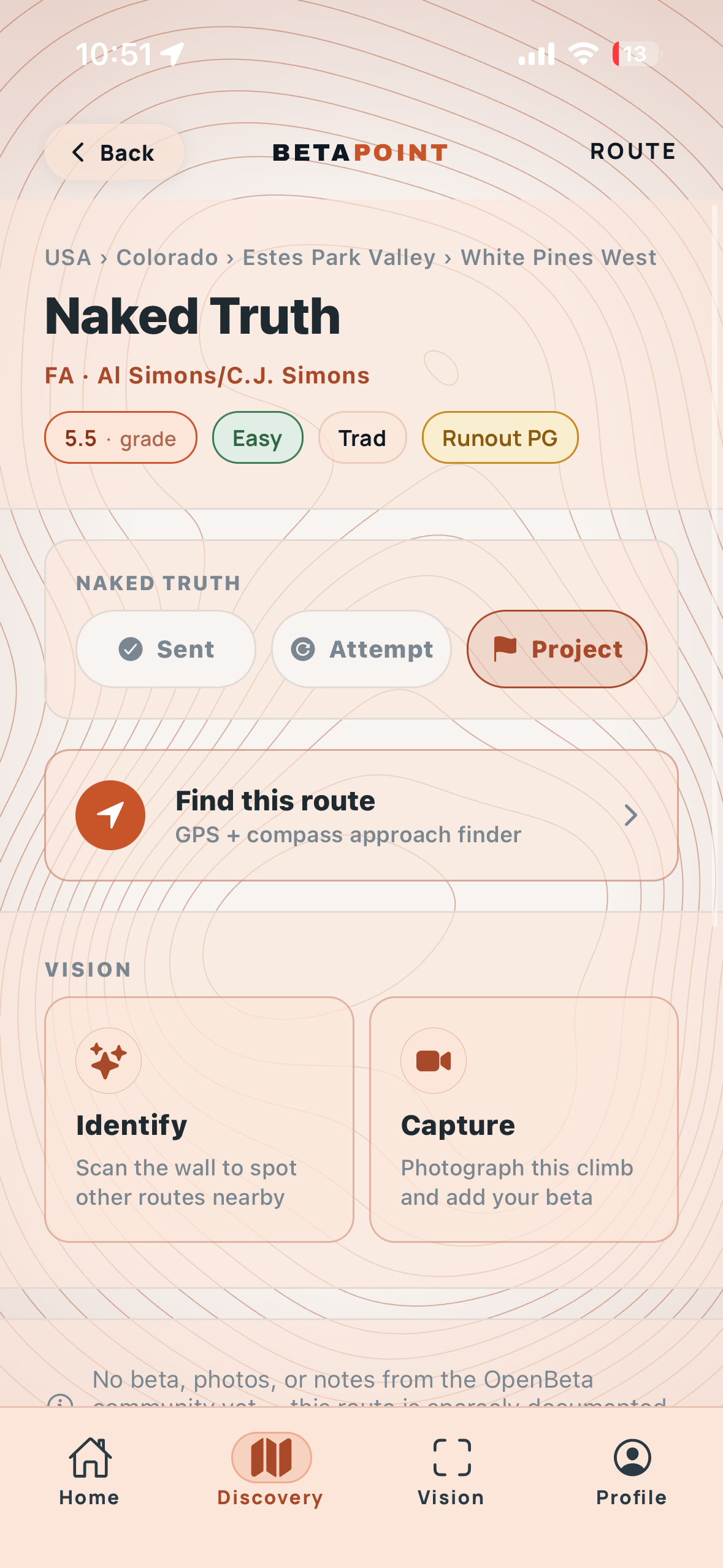 BetaPoint route detail. Naked Truth (5.5 trad, runout PG) with Sent/Attempt/Project status and Find this route finder