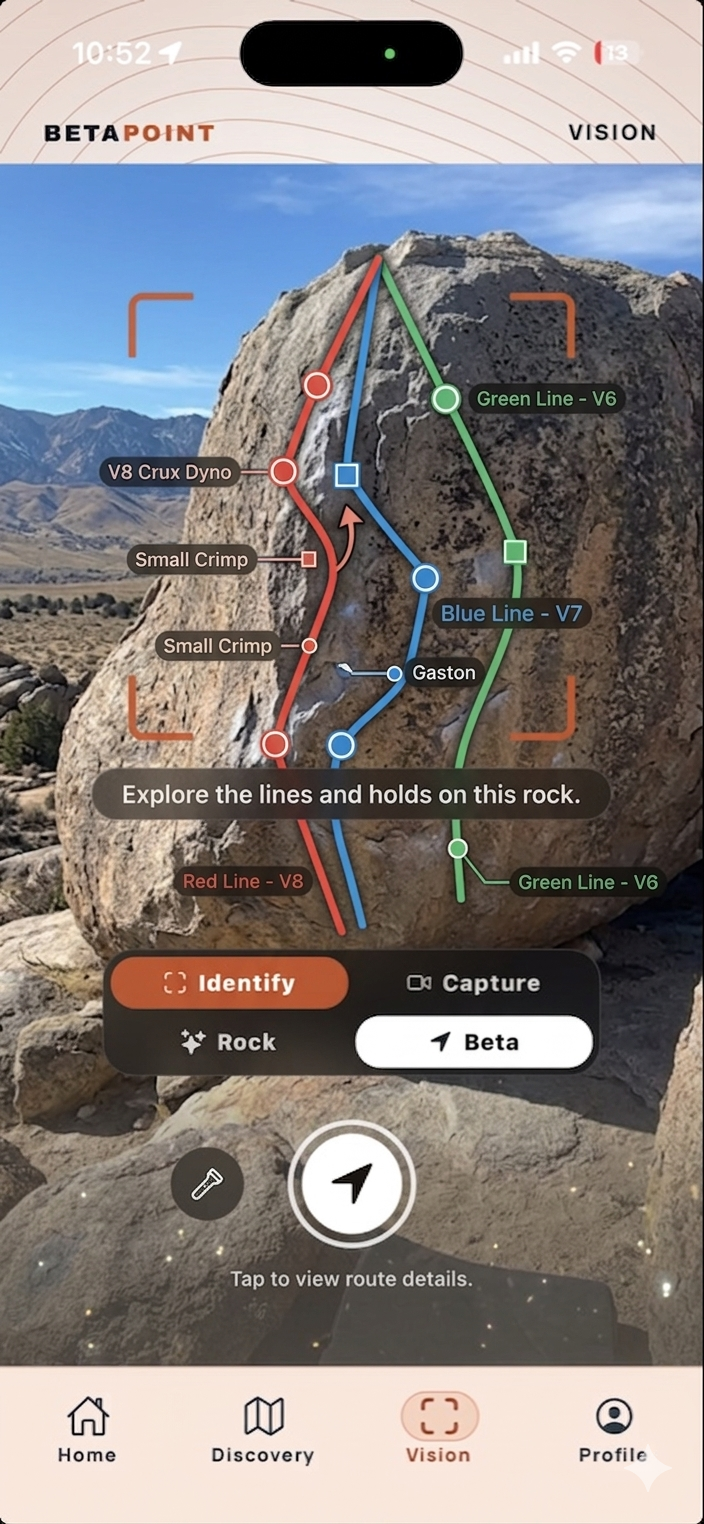 BetaPoint Vision tab, live camera on a boulder with three colored climb lines drawn over the rock and holds labeled