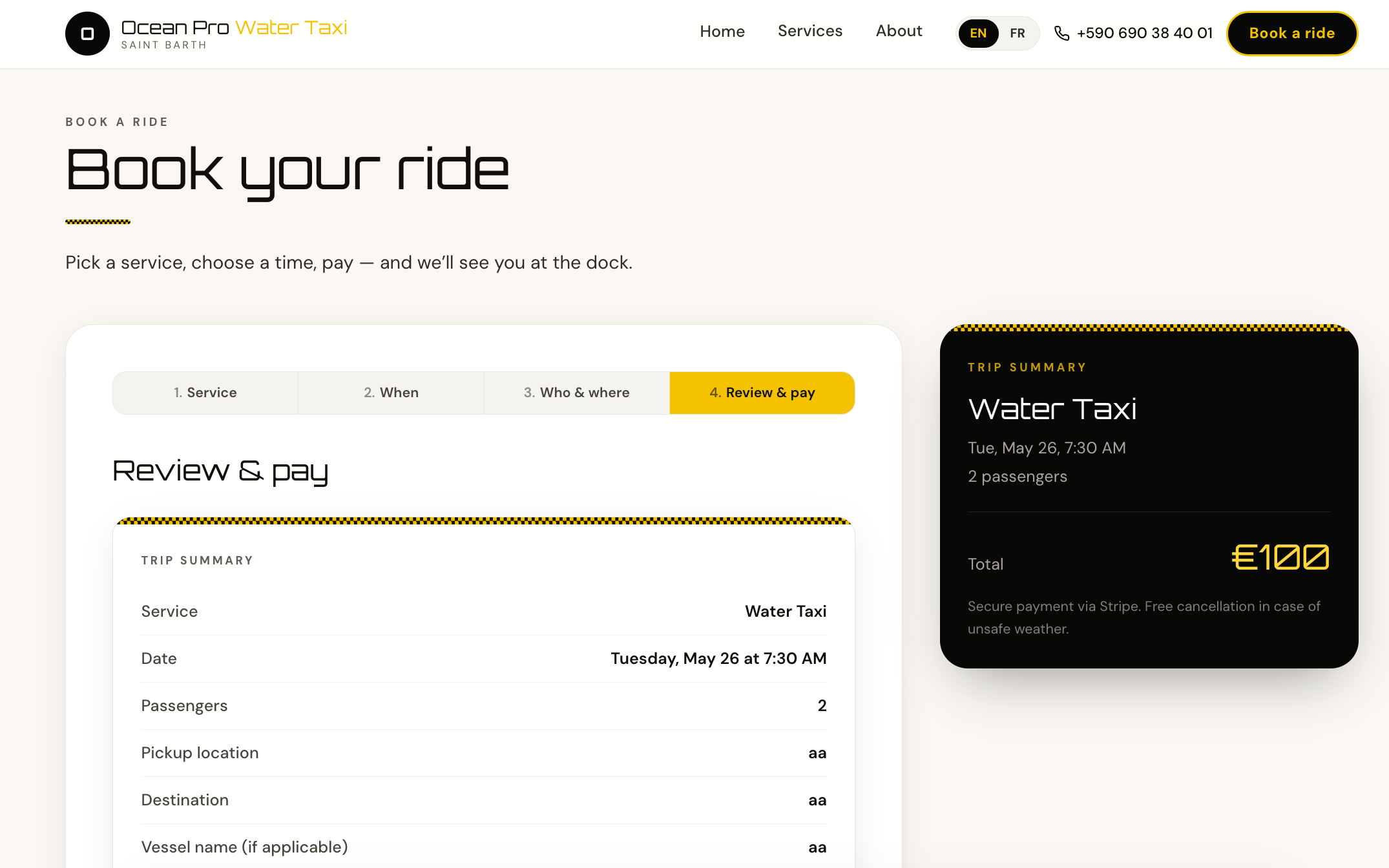 Ocean Pro booking. Review & pay step with trip summary and Stripe-powered total