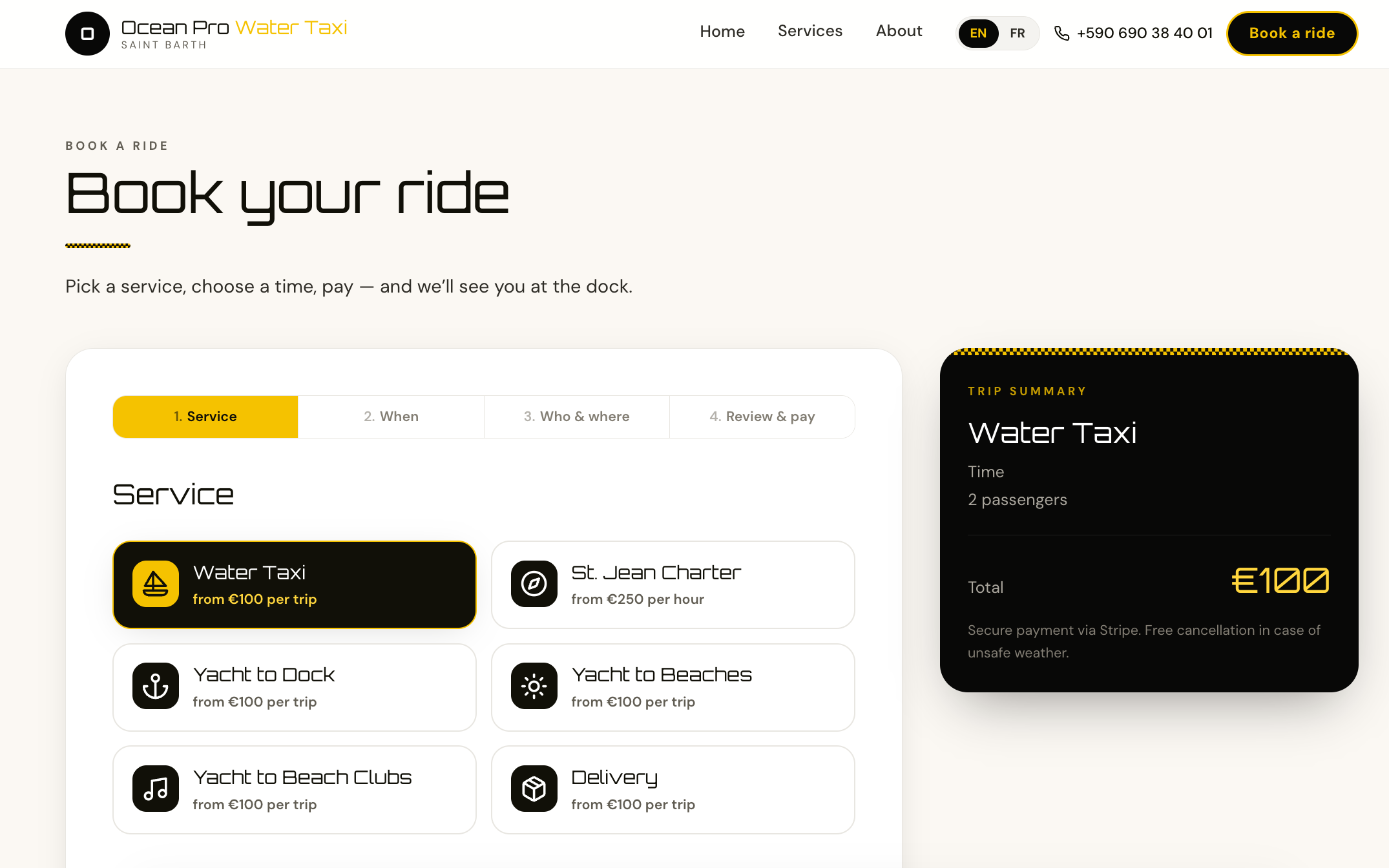 Ocean Pro booking flow. Book your ride, four-step (Service / When / Who & where / Review & pay) with live trip summary