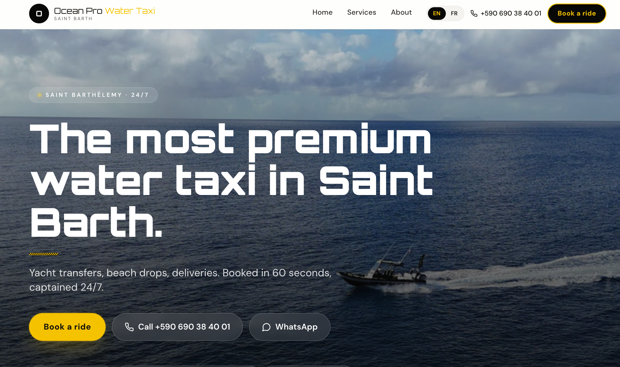 Ocean Pro live site. The most premium water taxi in Saint Barth, with hero boat photo and Book a ride CTA