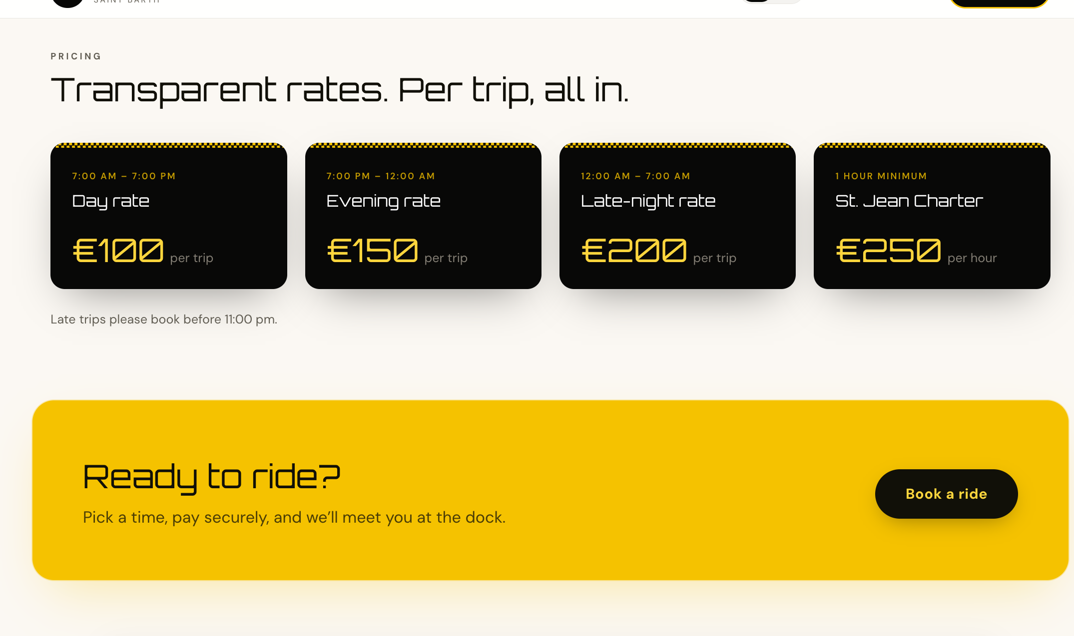 Ocean Pro services and pricing section on the live site, with per-service rates routed to the booker