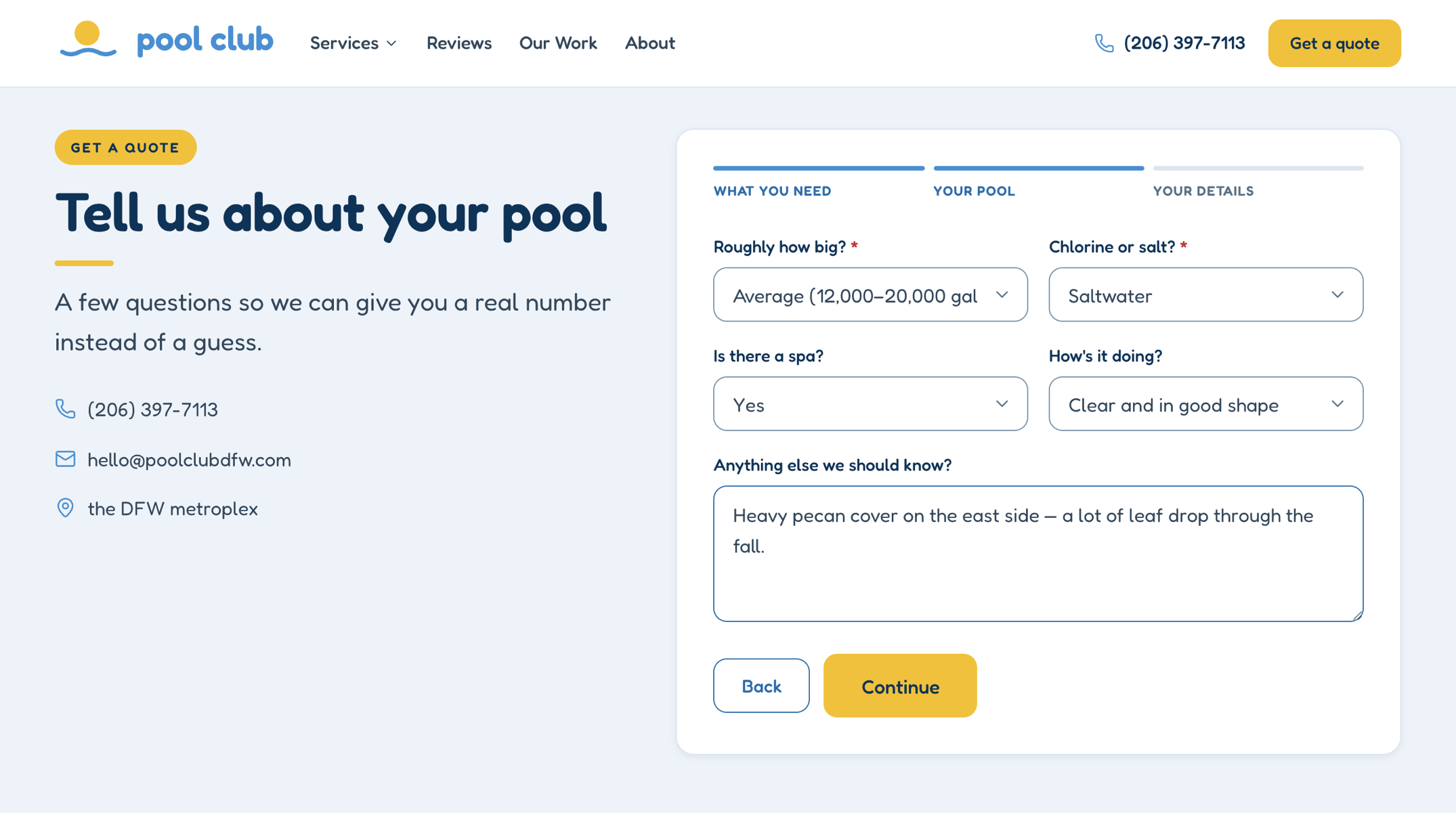 Pool Club quote flow on step two of three, with pool size, chlorine or salt, spa, and condition fields filled in
