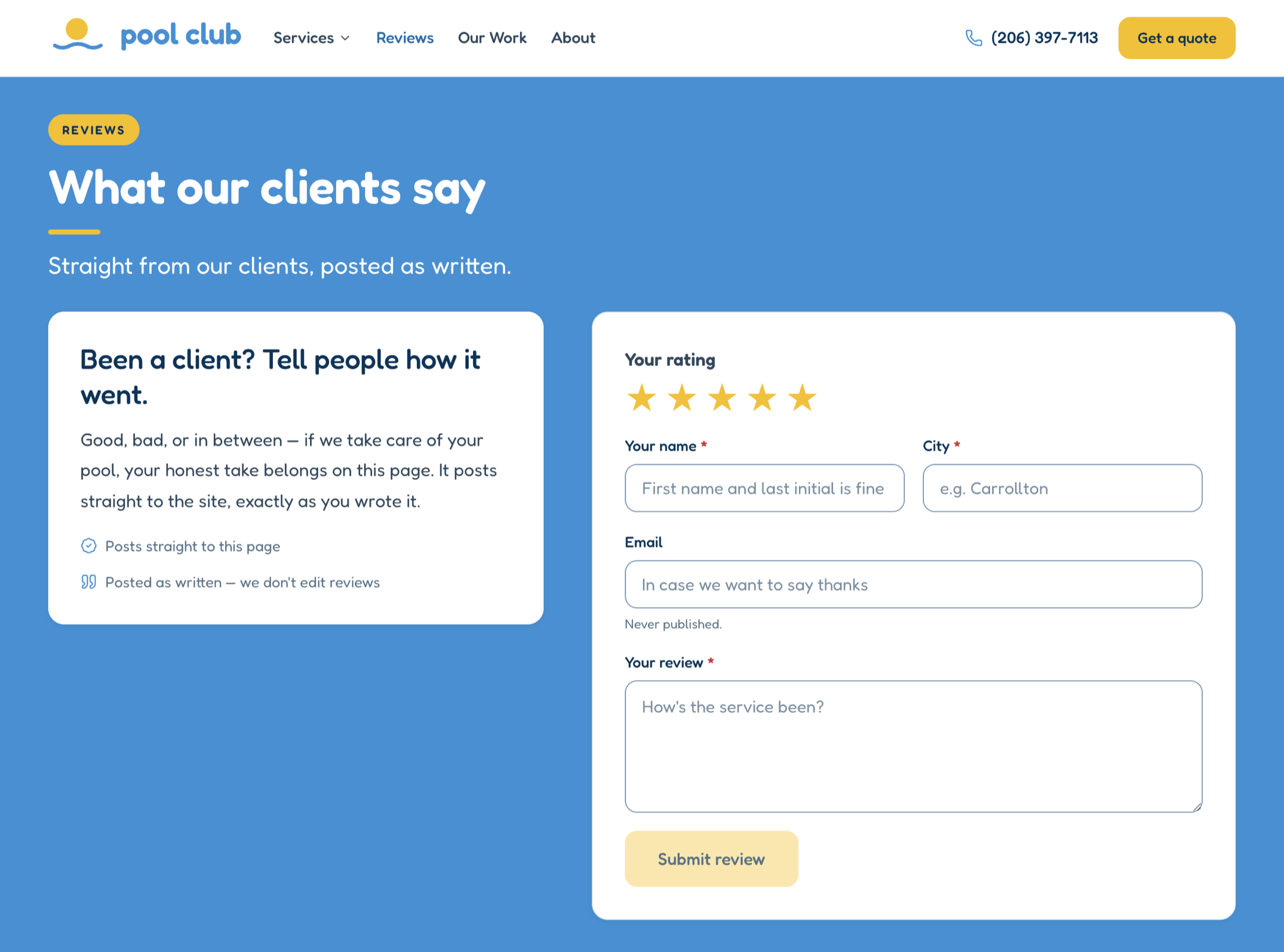 Pool Club review system