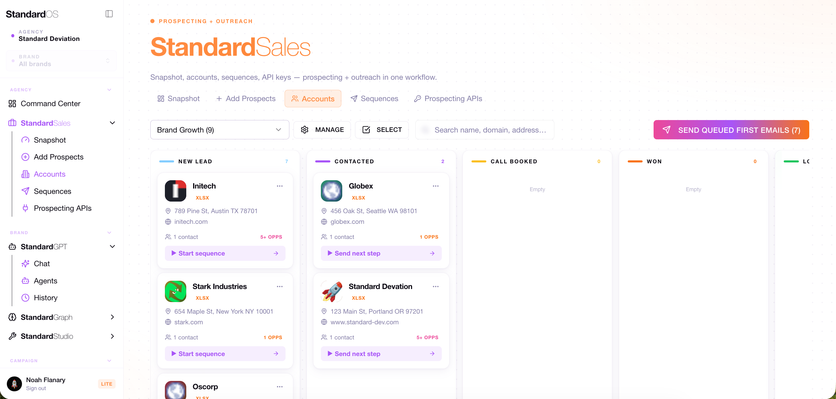 StandardSales kanban view. Brand Growth pipeline with prospects across New Lead, Contacted, Call Booked, Won stages
